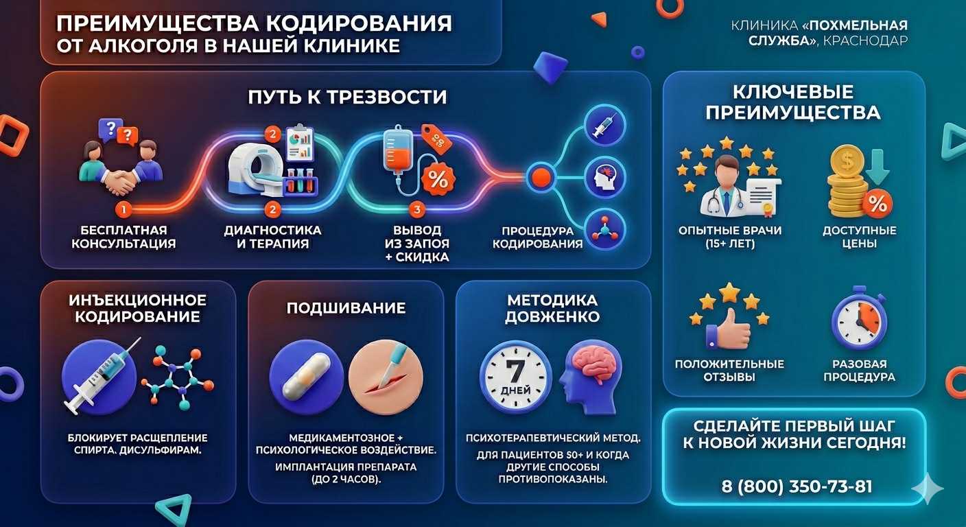 Инфографика о методах кодирования от алкоголя в Дигоре: инъекции, подшивание, метод Довженко. Преимущества клиники и этапы лечения.